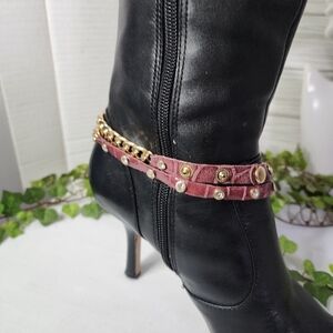 Gold Cuban Link Chain and Burgundy Leather Boot Ankle Bracelet